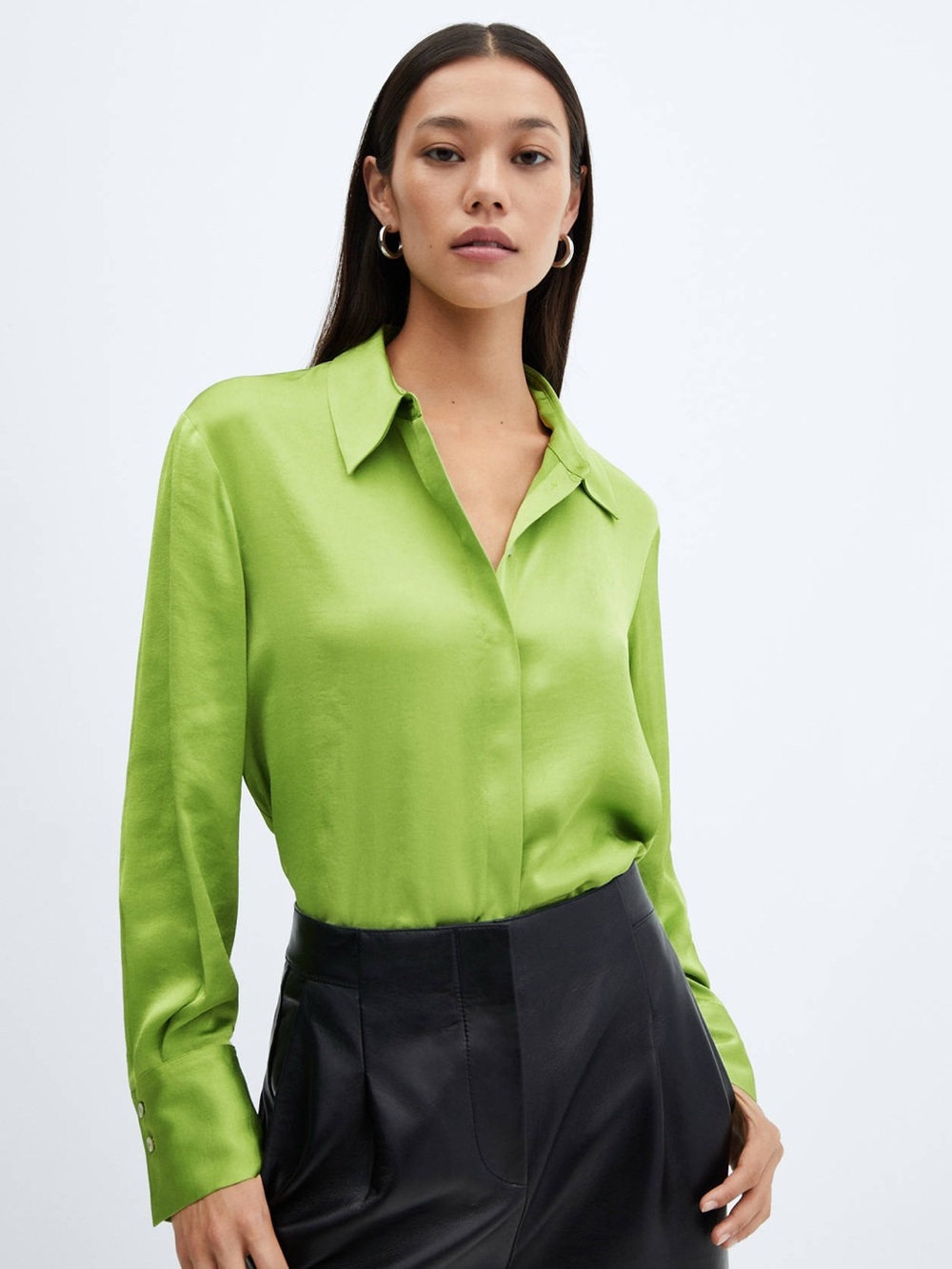 Mango classic fit satin collared shirt in bright green